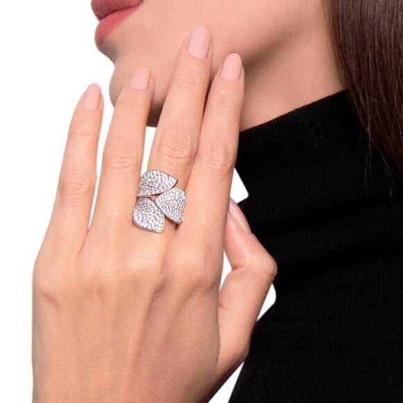 NWT 14K White Gold Plated CZ 3 Leave Statement Cocktail Ring Open Adjustable - Picture 3 of 10